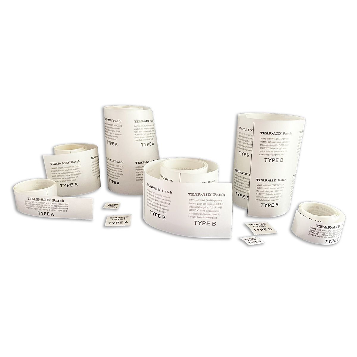 The complete range of Tear-Aid Type A and B rolls and patches
